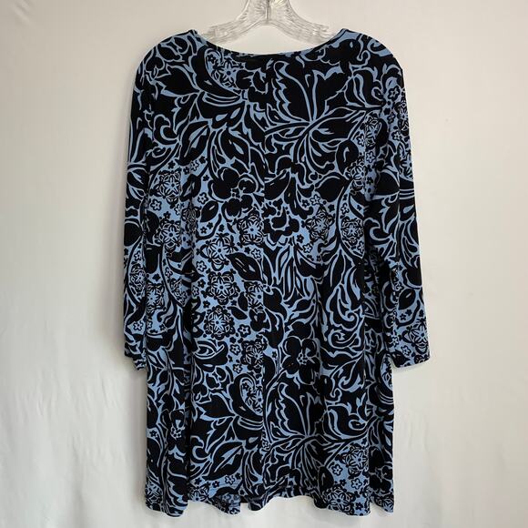 Covington Womens Plus 16-18W 2X Blue Black Flowy 3/4 Sleeve Scoop Tunic Blouse - Picture 2 of 10